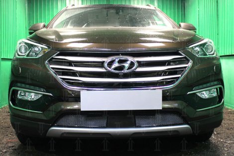 Защитная сетка радиатора ProtectGrille Premium с датчиком ACC для Hyundai Santa Fe (2015-2017 Черная)