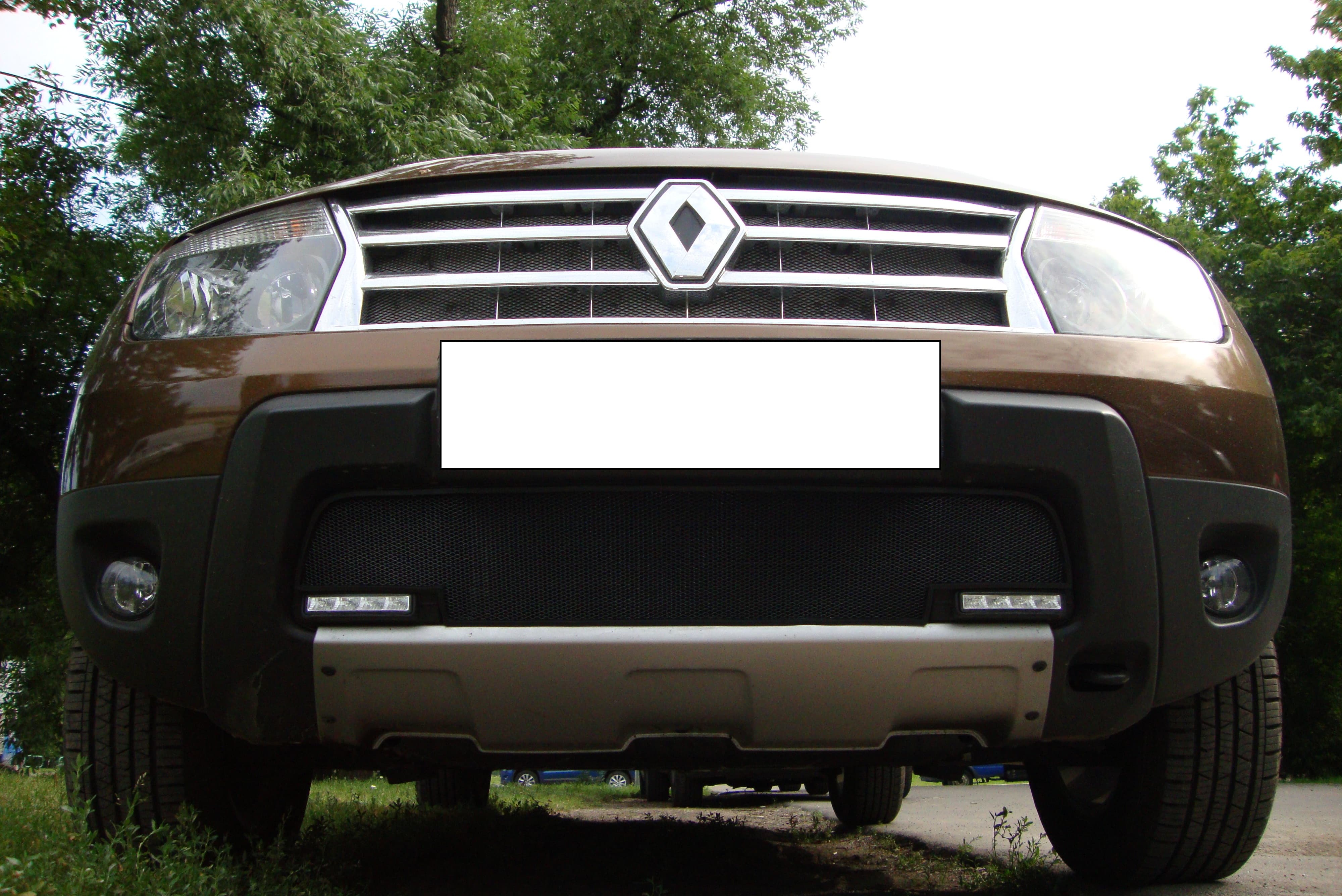 Защитная сетка радиатора ProtectGrille для Renault Duster с вырезом под ДХО (2011-2015 Черная)