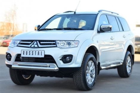 Пороги труба D76 с накладкой (вариант 2) "RUSSTAL" для Mitsubishi Pajero Sport